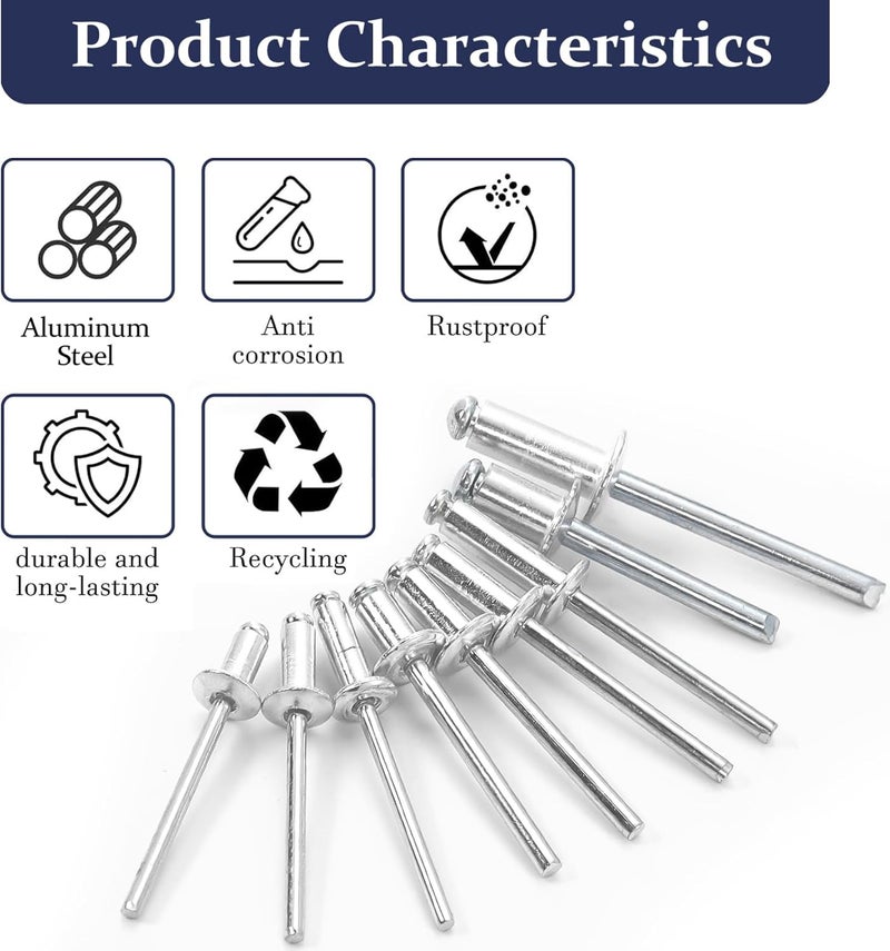 ZQZ 630Pcs Aluminum Pop Rivets Assortment Kit, 15 Sizes Silver Rivets with 3/32" 1/8" 5/32" 3/16" 1/4" Blind Rivets, Assorted Pop Rivets Set - Image 4